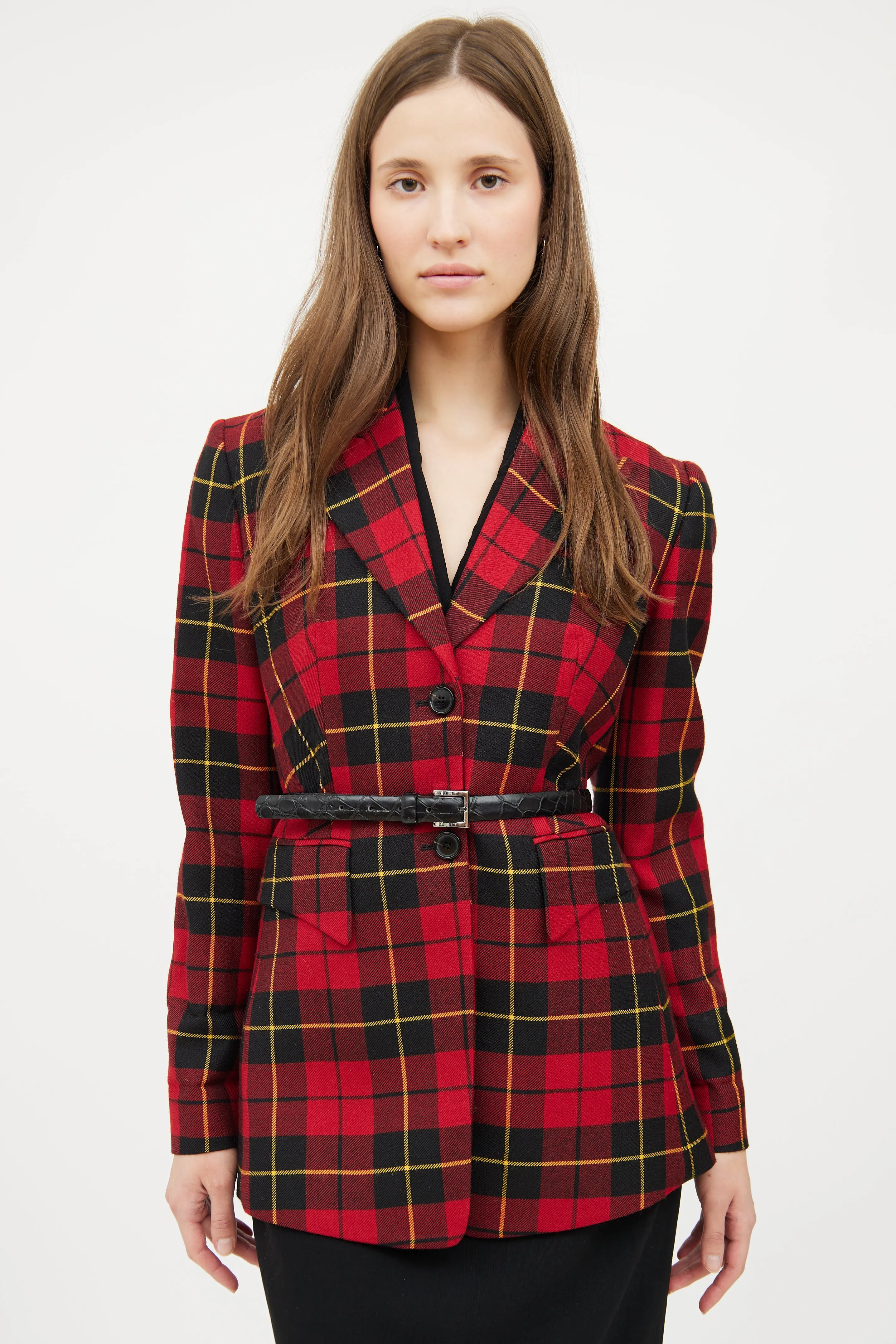 Red Plaid Long Sleeve Blazer