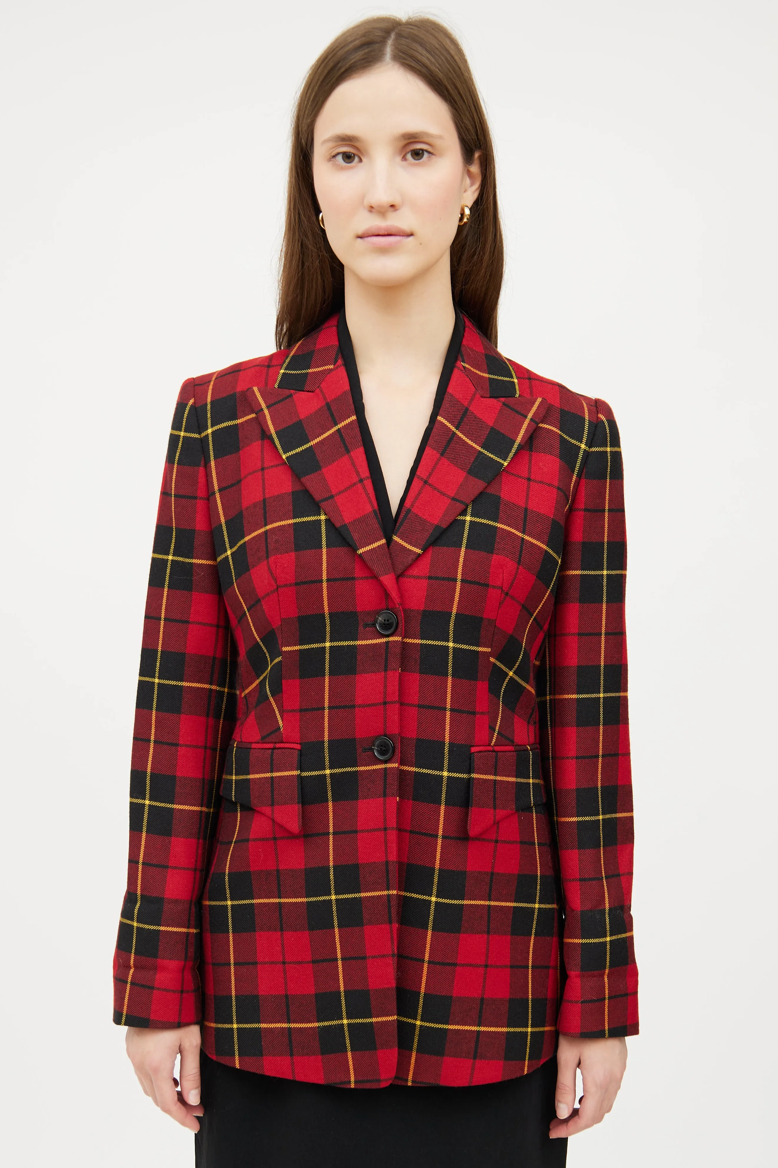 Red Plaid Long Sleeve Blazer