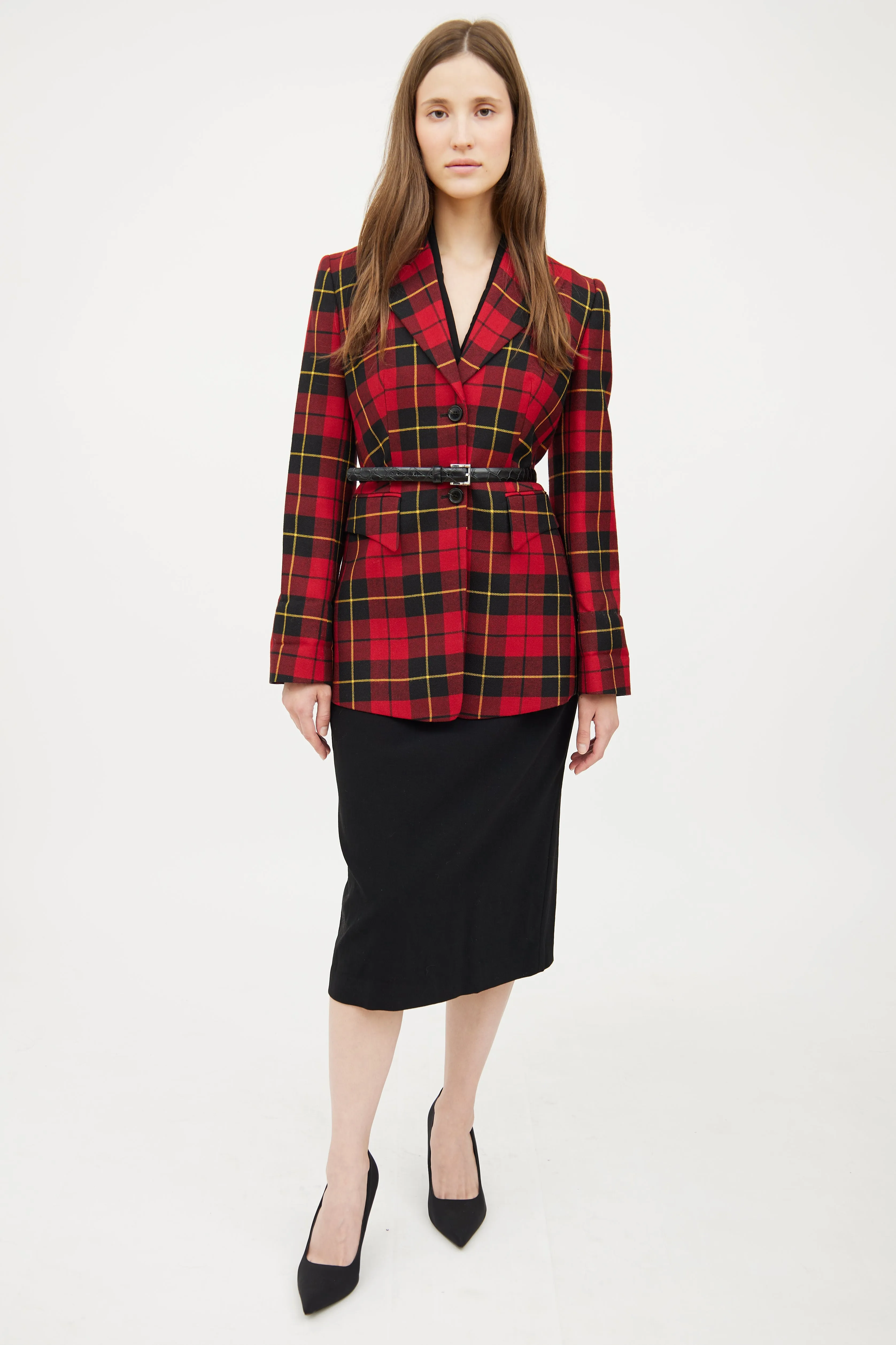 Red Plaid Long Sleeve Blazer