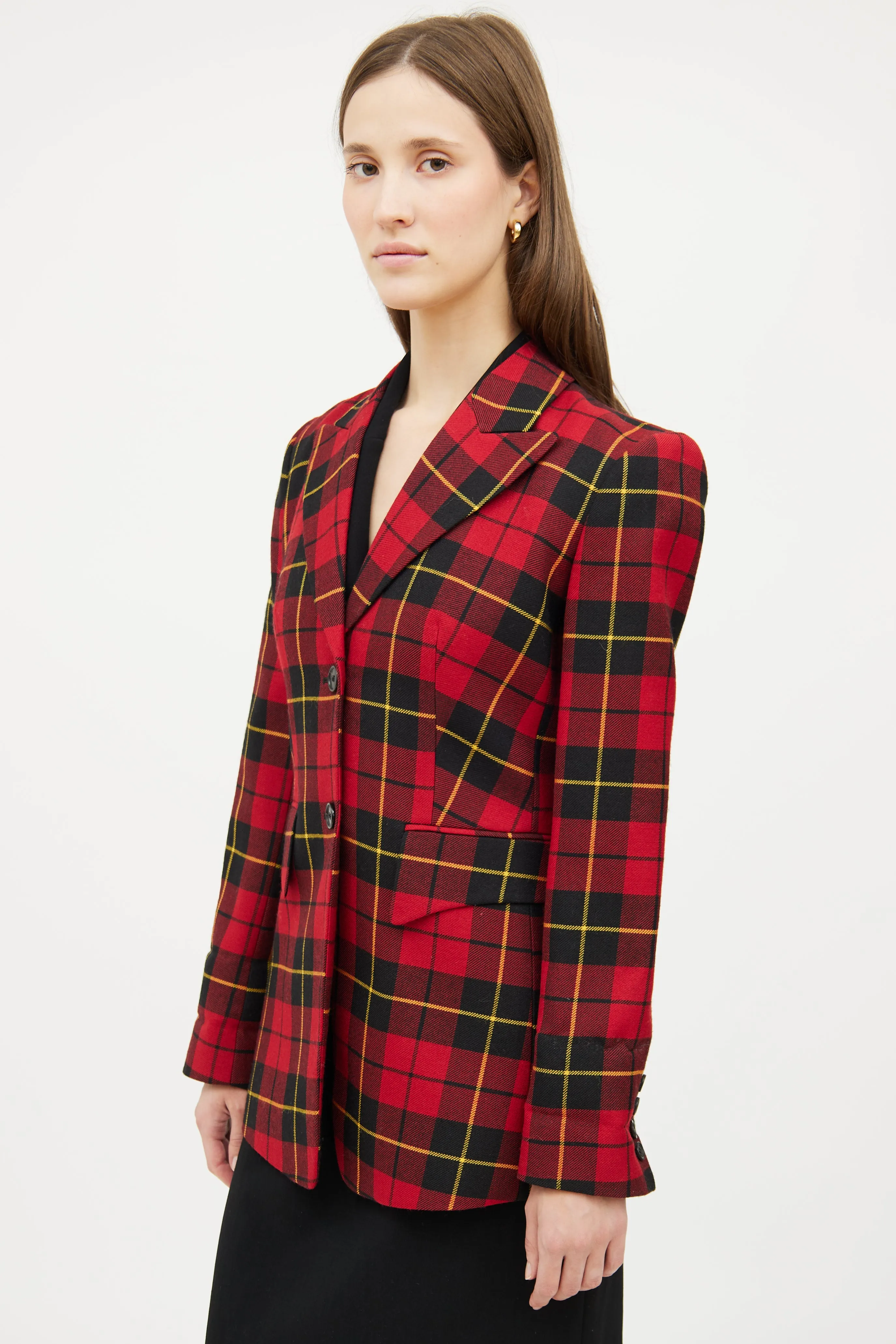 Red Plaid Long Sleeve Blazer