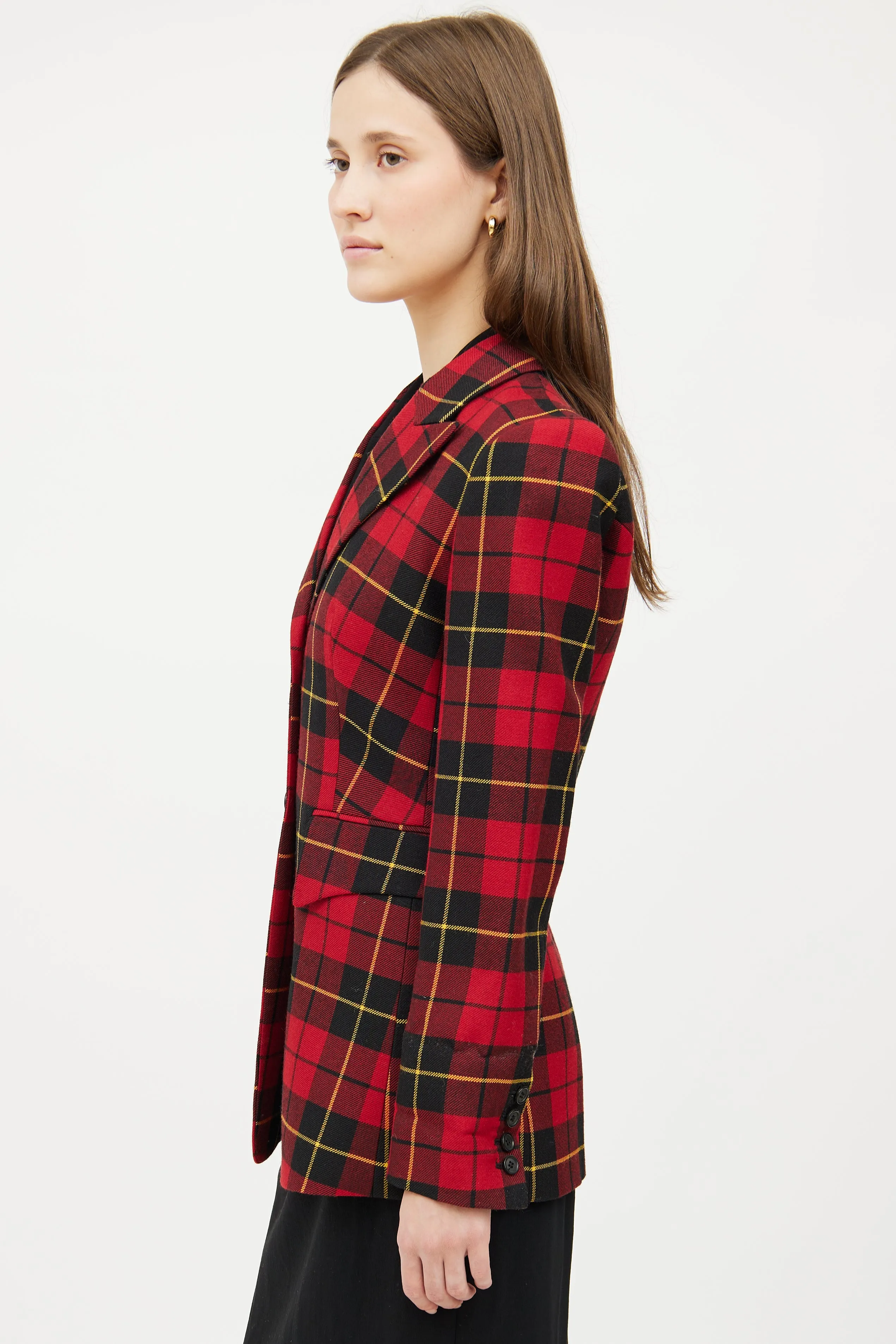 Red Plaid Long Sleeve Blazer