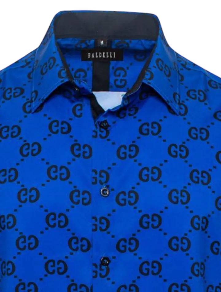 Royal Blue GG Men's Short Sleeve Shirt Fashion Design Luxury Style