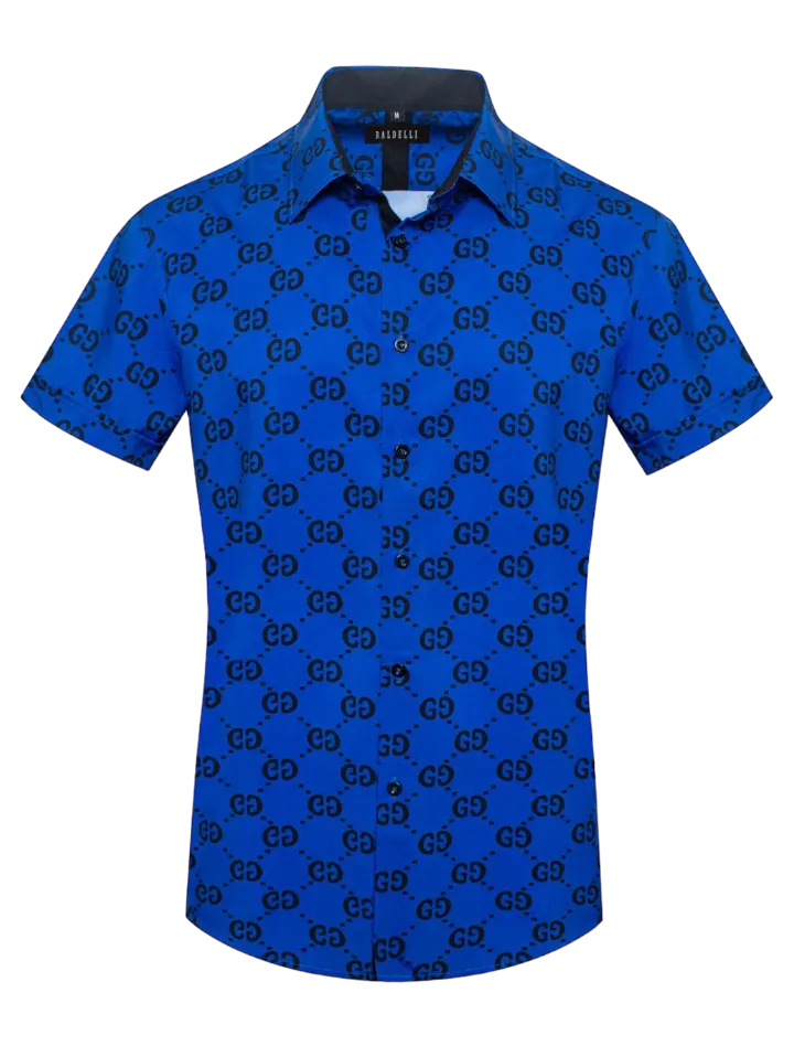 Royal Blue GG Men's Short Sleeve Shirt Fashion Design Luxury Style