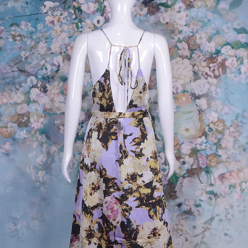 Spaghetti Strap Backless Printed Floral Maxi Flare Beach Casual Holiday Dress