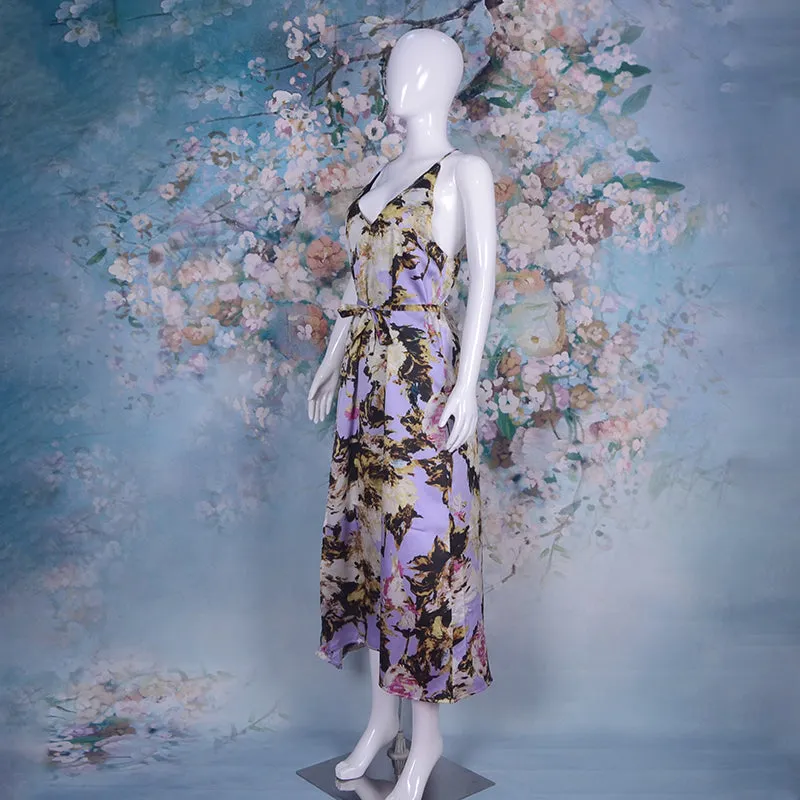 Spaghetti Strap Backless Printed Floral Maxi Flare Beach Casual Holiday Dress