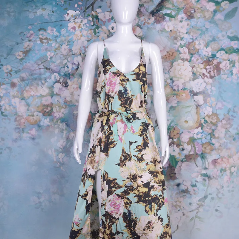 Spaghetti Strap Backless Printed Floral Maxi Flare Beach Casual Holiday Dress