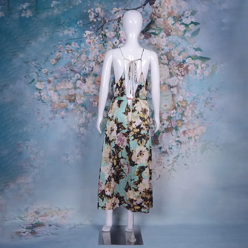Spaghetti Strap Backless Printed Floral Maxi Flare Beach Casual Holiday Dress
