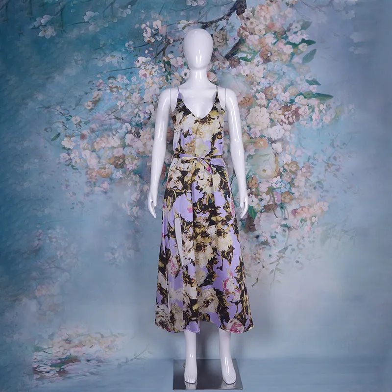 Spaghetti Strap Backless Printed Floral Maxi Flare Beach Casual Holiday Dress