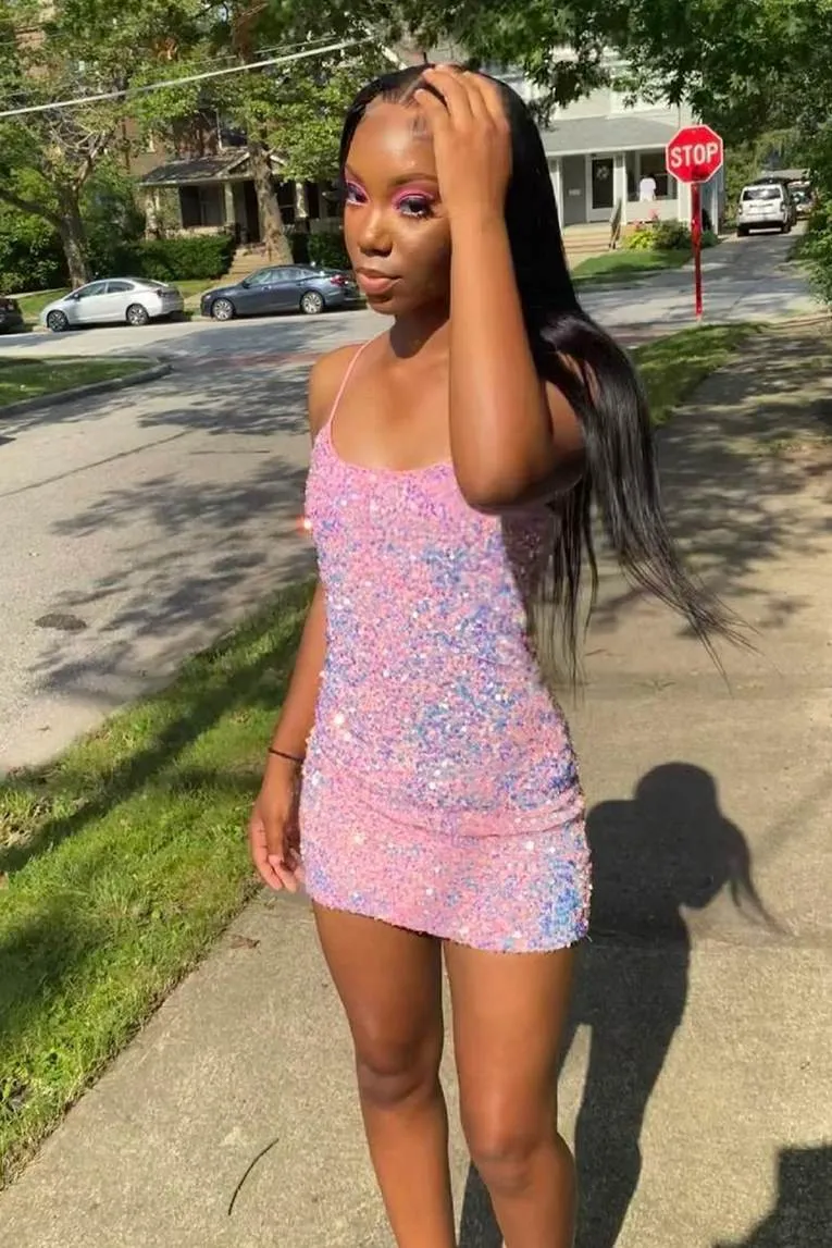 Spaghetti Straps Pink Scoop Neck Sequins Bodycon Tight Homecoming Dress VK23092008