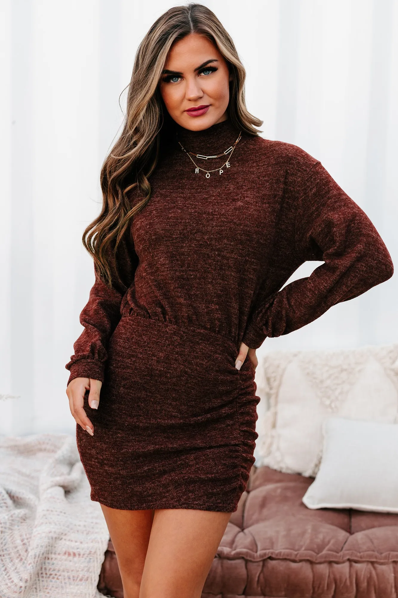 Spoonful Of Sass Ruched Mock Neck Mini Dress (Dark Chocolate)