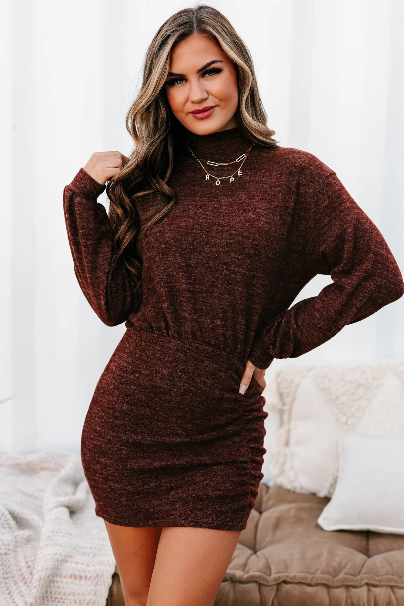 Spoonful Of Sass Ruched Mock Neck Mini Dress (Dark Chocolate)