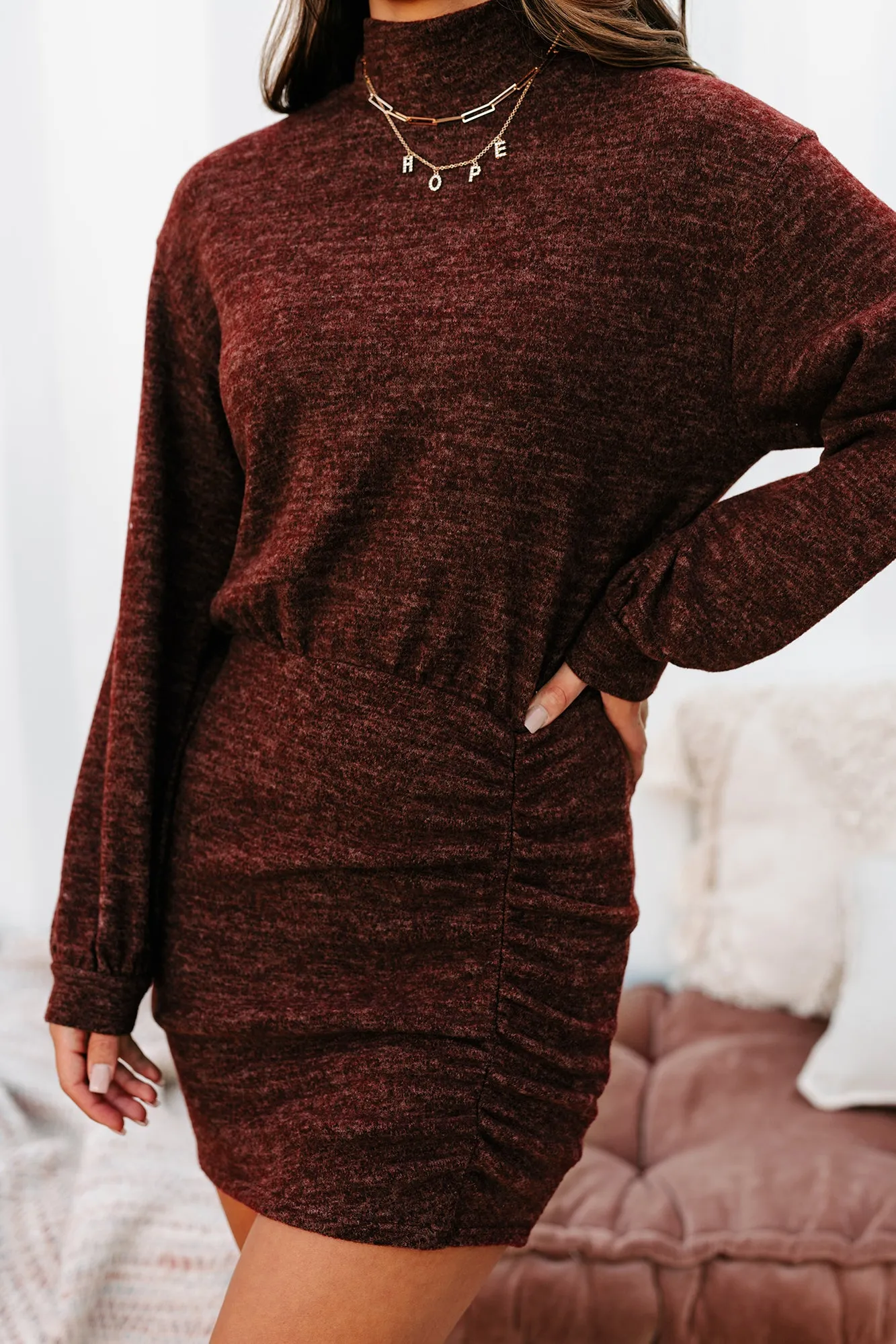 Spoonful Of Sass Ruched Mock Neck Mini Dress (Dark Chocolate)