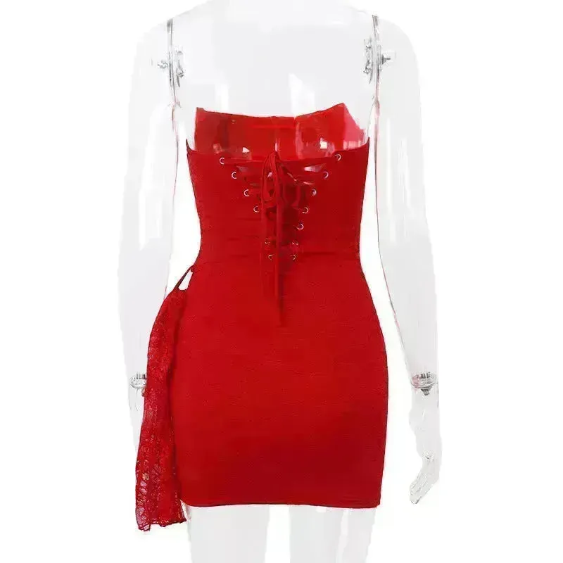 Strapless Lace Tube Top Corset Dress Party Women Fashion And Charming Slim fit Mini Dress  for Evening Party Cocktail.
