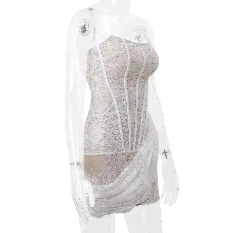 Strapless Lace Tube Top Corset Dress Party Women Fashion And Charming Slim fit Mini Dress  for Evening Party Cocktail.
