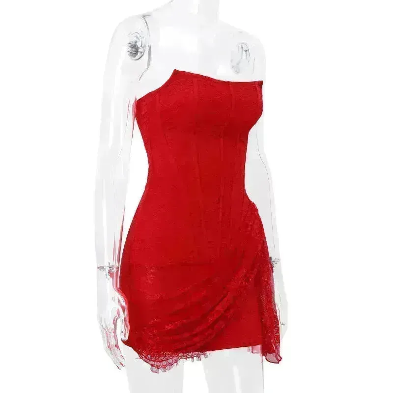 Strapless Lace Tube Top Corset Dress Party Women Fashion And Charming Slim fit Mini Dress  for Evening Party Cocktail.