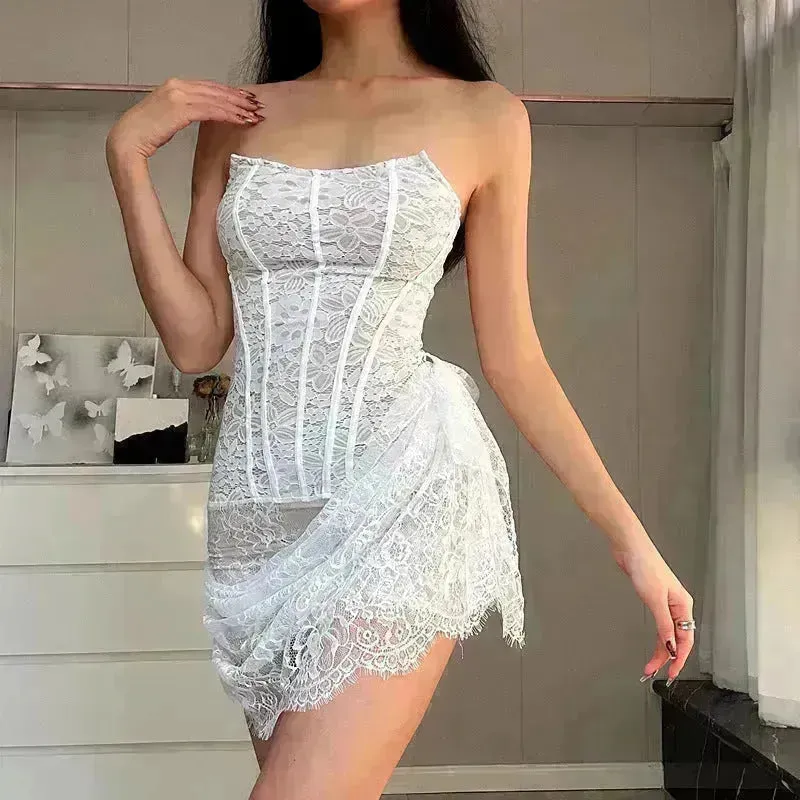 Strapless Lace Tube Top Corset Dress Party Women Fashion And Charming Slim fit Mini Dress  for Evening Party Cocktail.