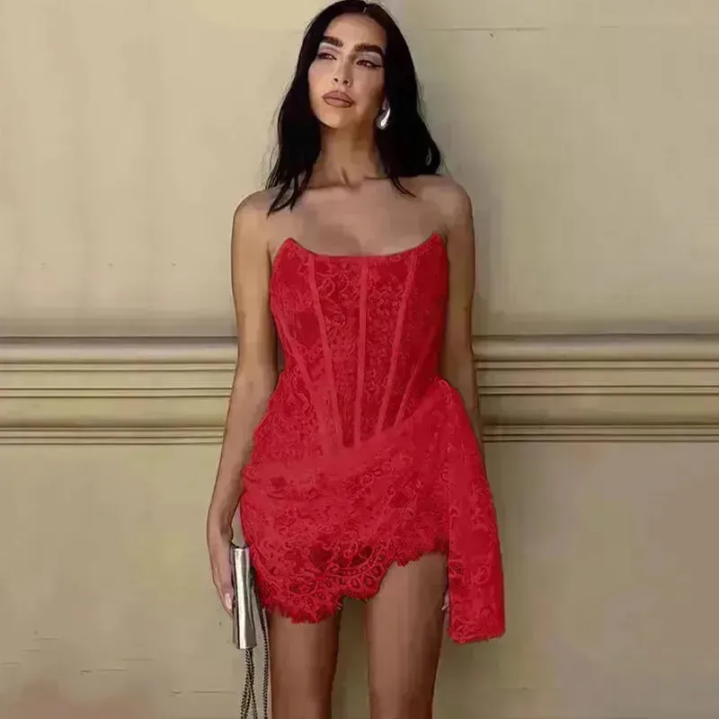 Strapless Lace Tube Top Corset Dress Party Women Fashion And Charming Slim fit Mini Dress  for Evening Party Cocktail.