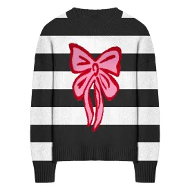 Women's black striped bow Christmas sweater