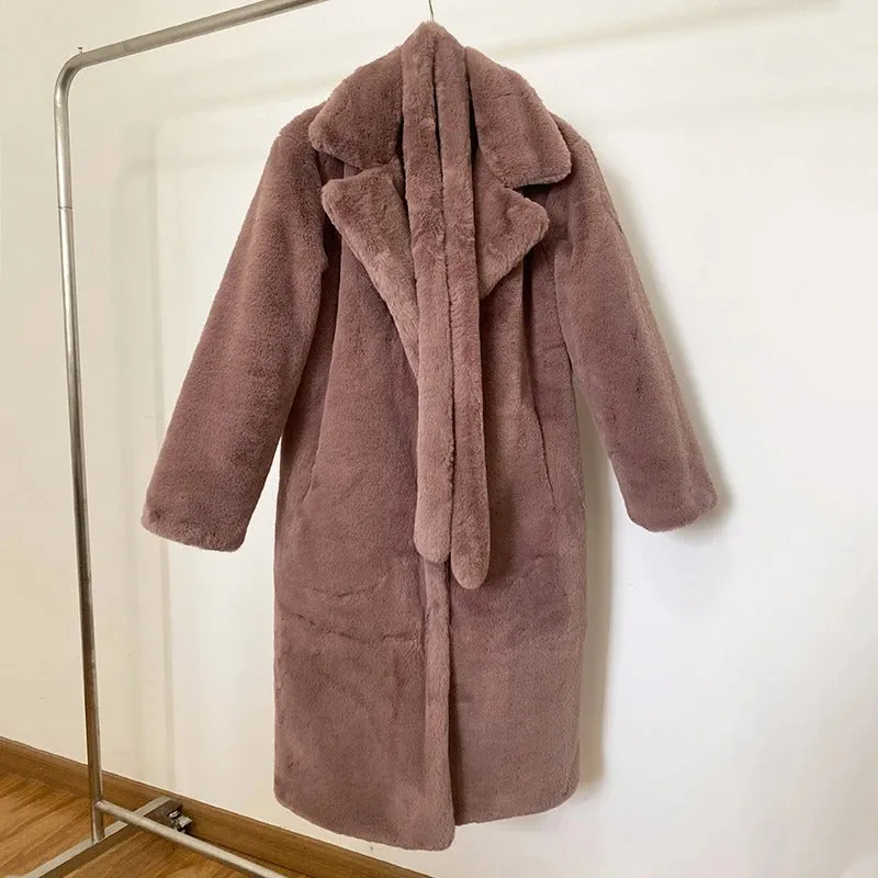 Women's Oversized Lapel Belted Faux Rabbit Fur Coat