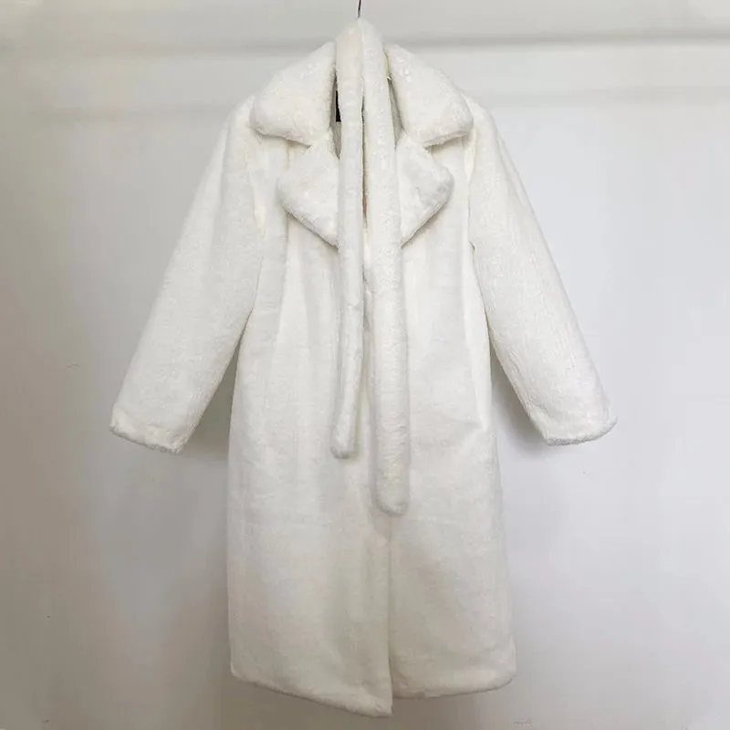 Women's Oversized Lapel Belted Faux Rabbit Fur Coat