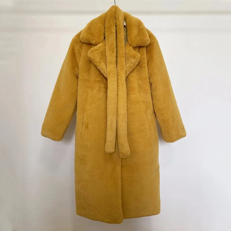Women's Oversized Lapel Belted Faux Rabbit Fur Coat