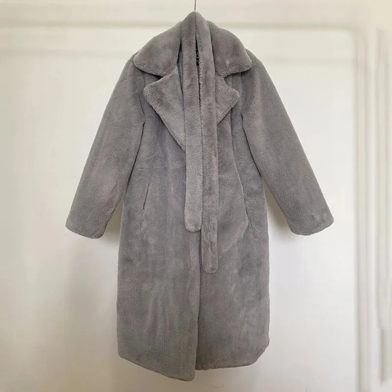 Women's Oversized Lapel Belted Faux Rabbit Fur Coat