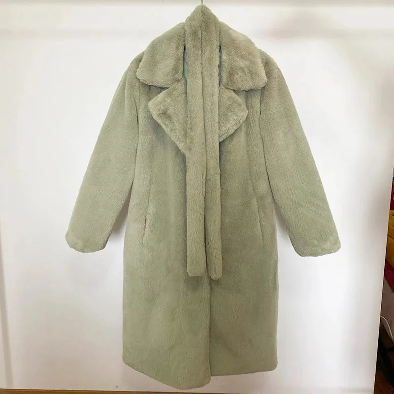 Women's Oversized Lapel Belted Faux Rabbit Fur Coat