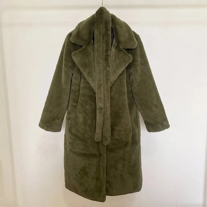 Women's Oversized Lapel Belted Faux Rabbit Fur Coat